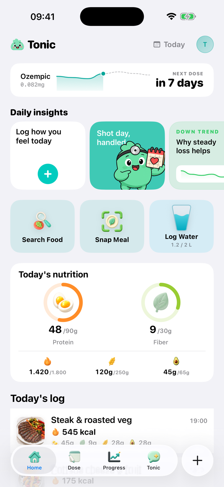 Tonic's home screen: a dose countdown, a 'Log how you feel today' card, and supportive daily insights.
