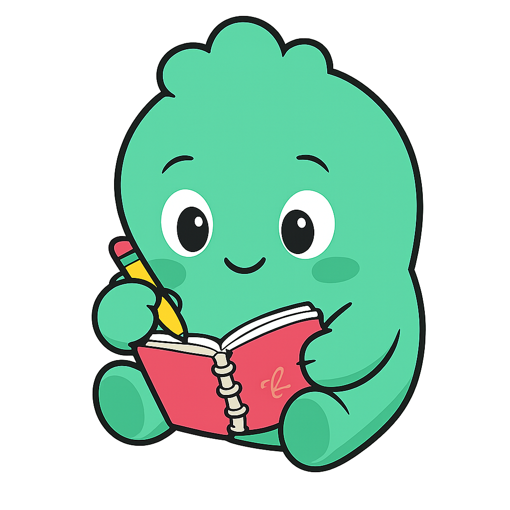 Tonic the mint mascot, writing peacefully in a small red journal