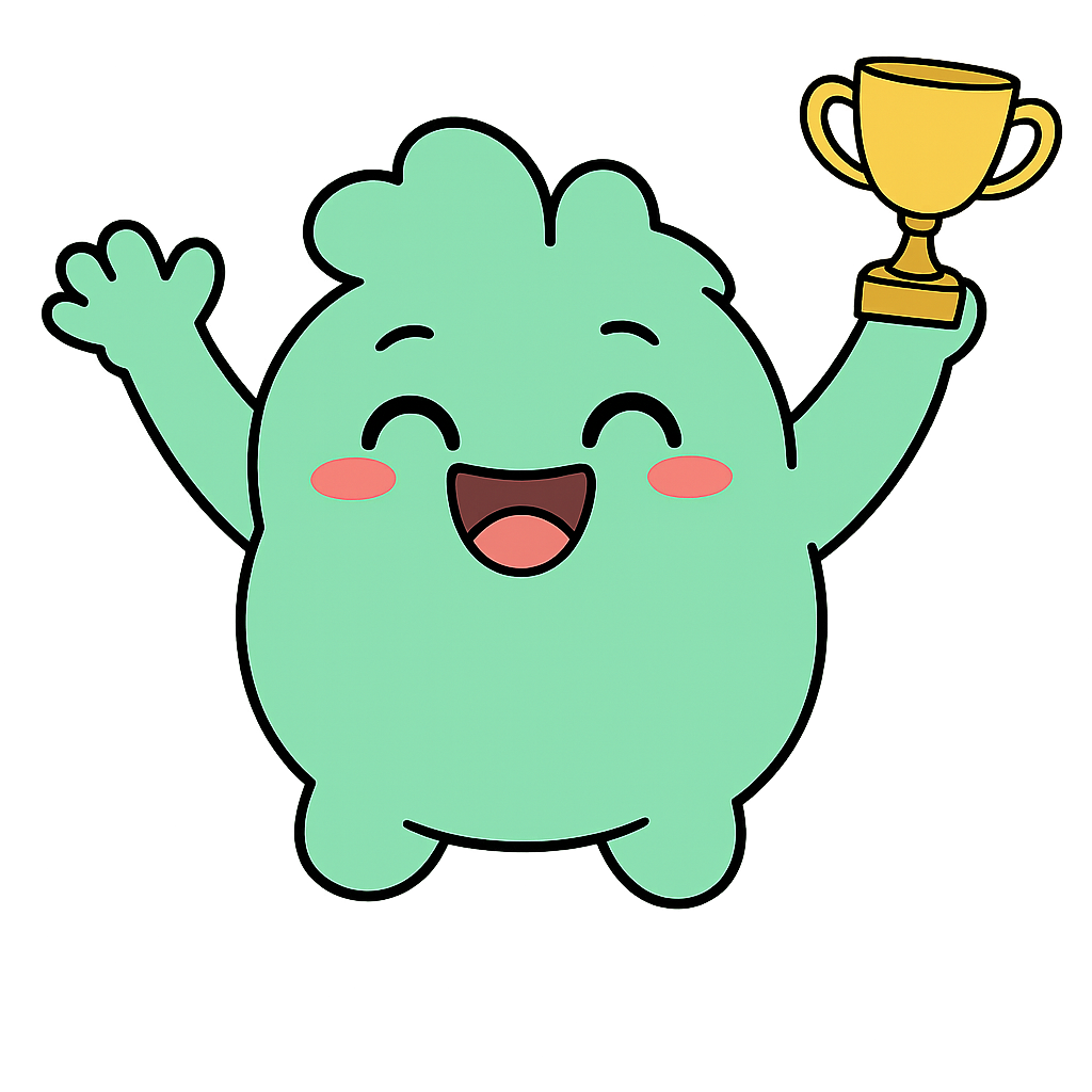 Tonic raising a small gold trophy, eyes closed in a happy arc